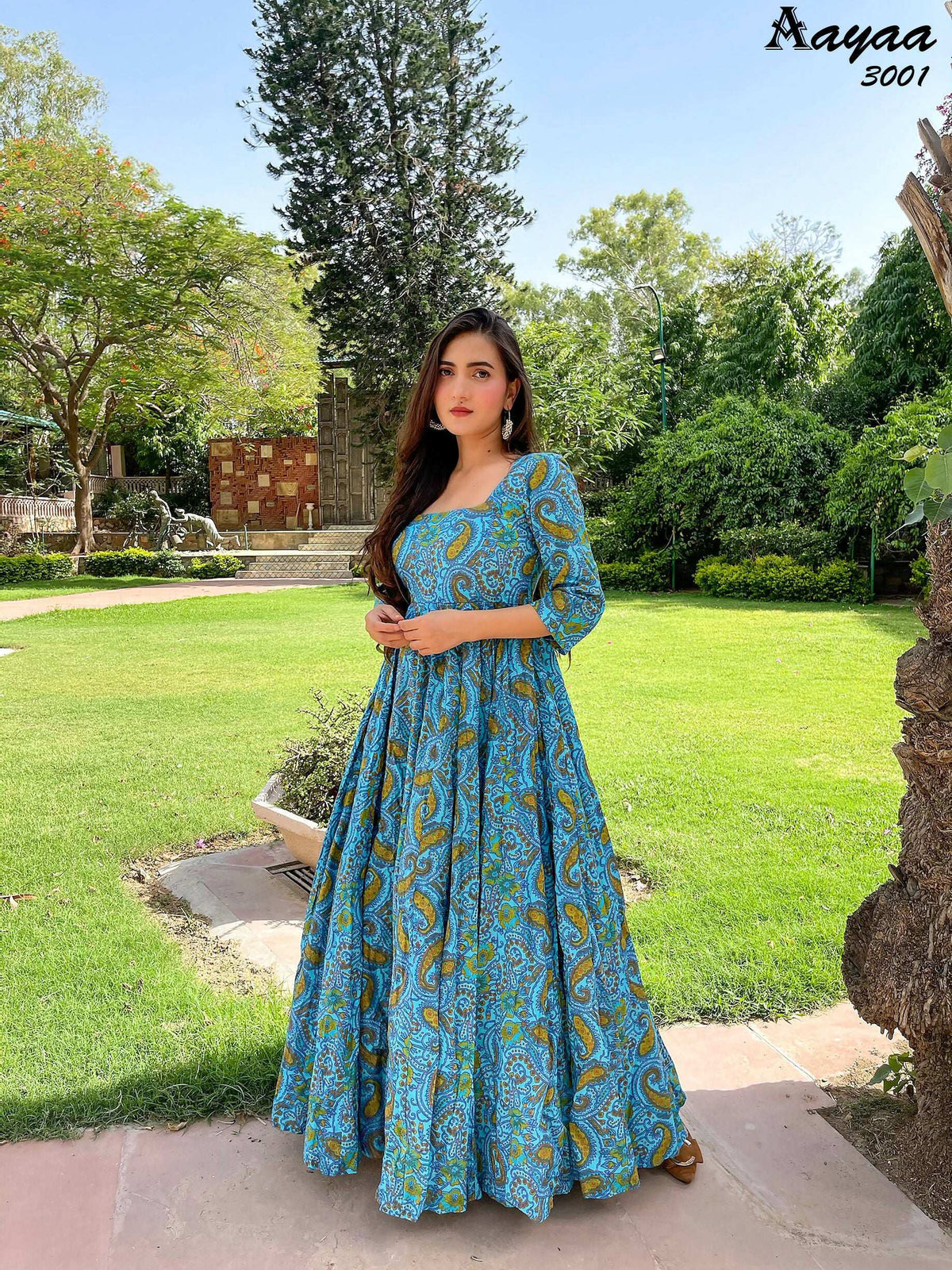 Aayaa Pure Ab Cotton Gown With Heavy Digital Print - Multi Color | Grocsy