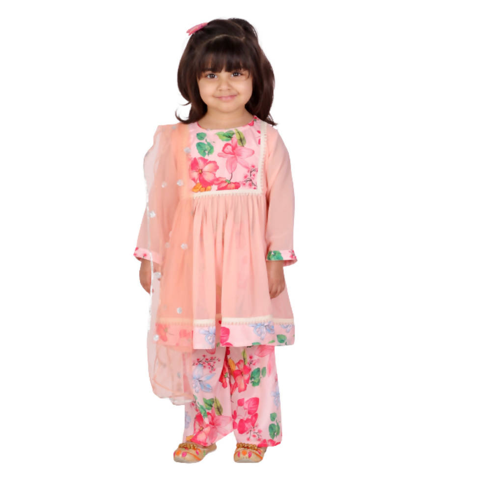 Little Bansi Girls Peach Color Rose print Kurta Frock with Floral Plazzo and Dupatta | Grocsy