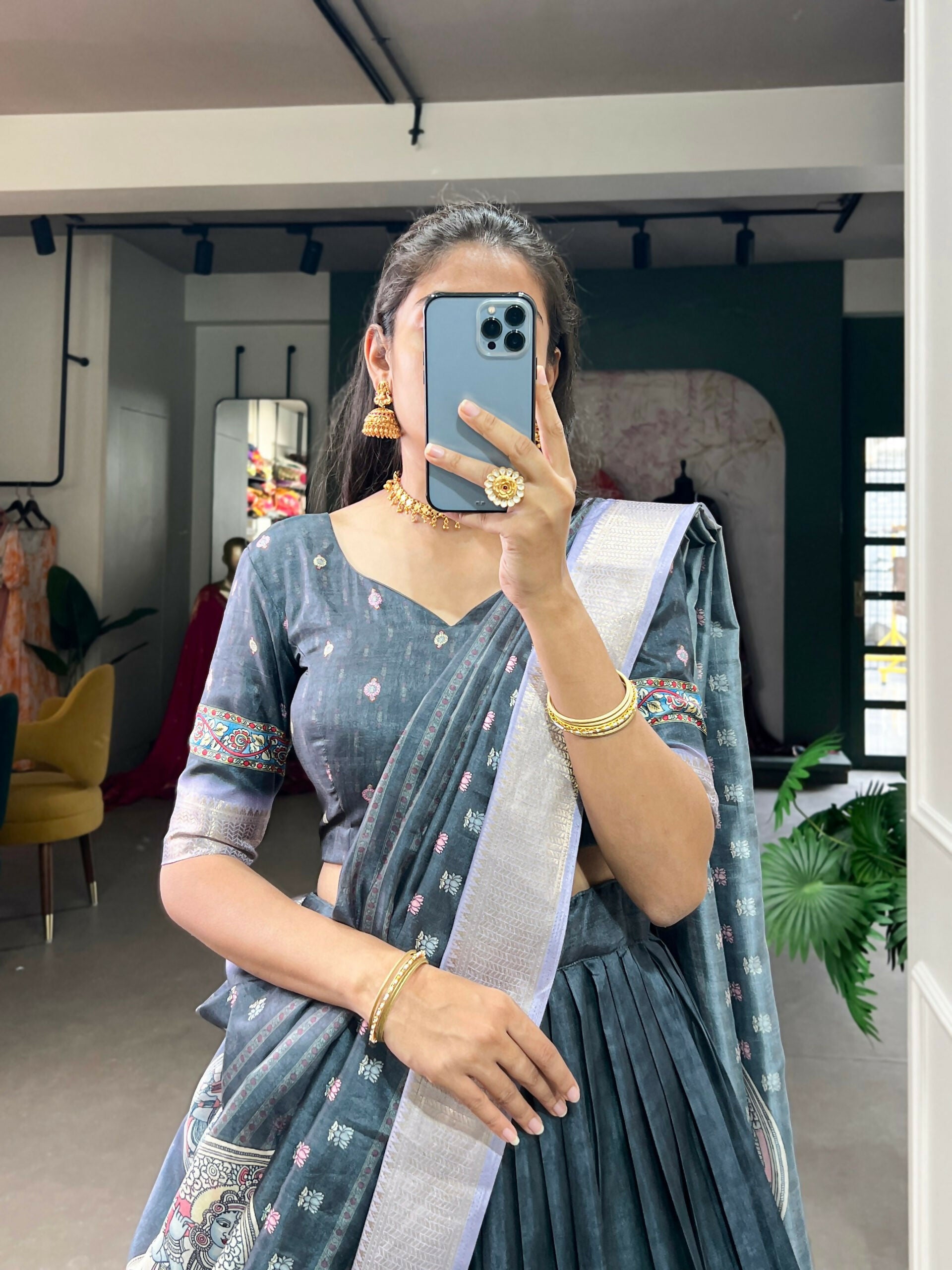 Vastranavya Kalamkari Print With Weaving Border Lehenga with Unstitched Blouse - Sae Green | Grocsy