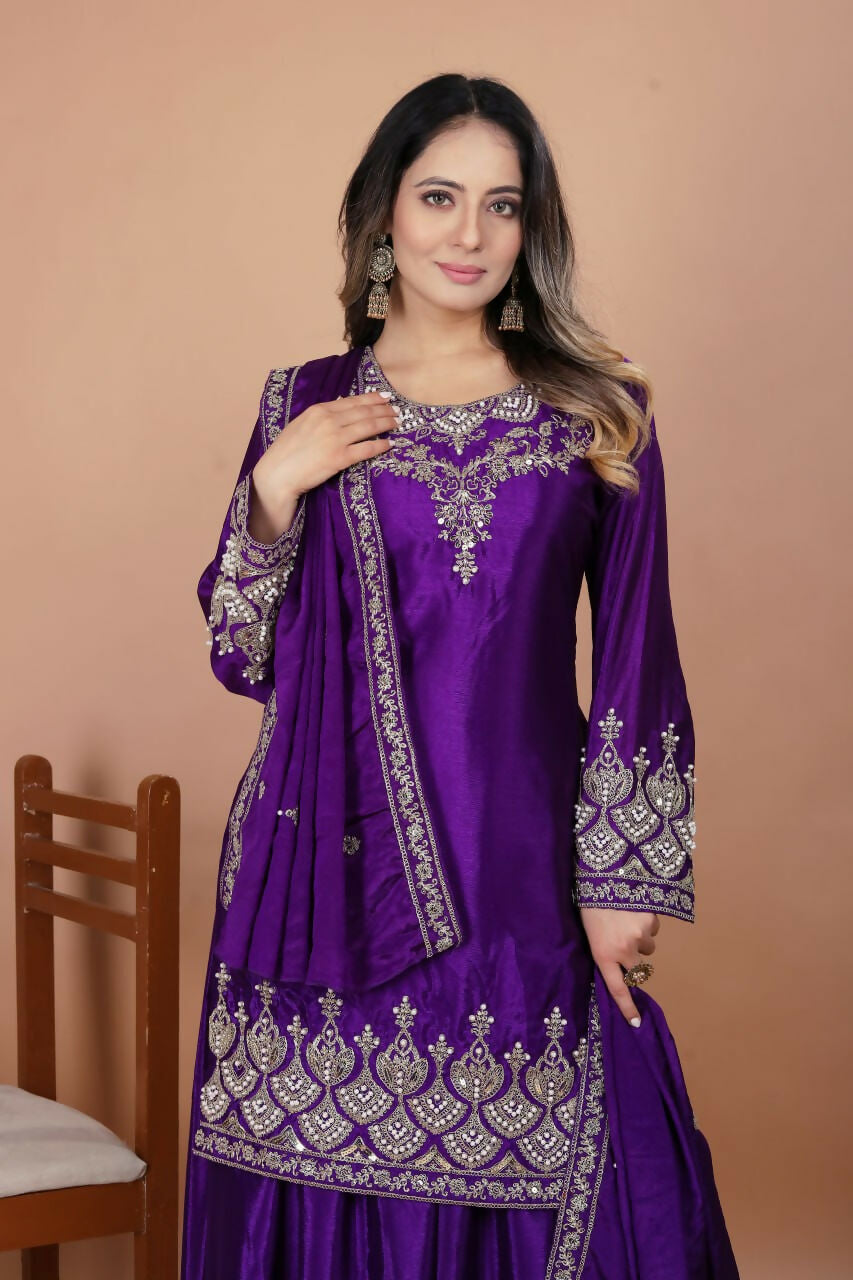 Teeya Creation Purple Chinon Embroidery Work Party Wear Palazzo Suit | Grocsy
