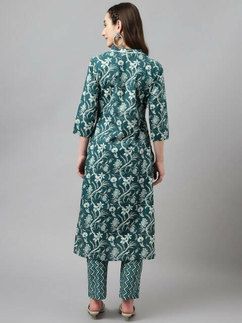 FIORRA Women's Teal Green Cotton A-Line Kurta Set | Grocsy