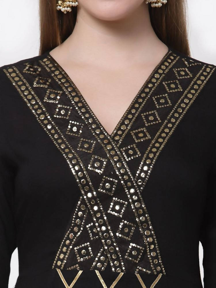 Myshka Black Color Rayon Embroidered 3/4 Sleeve Kurta With Dupatta Set | Grocsy