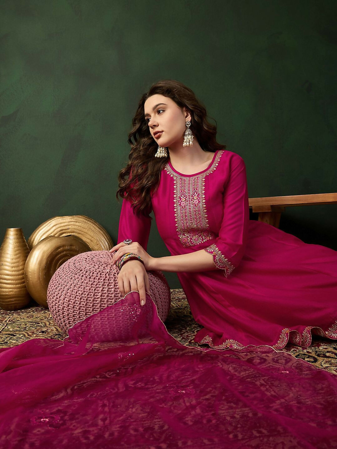 The52 Women's Beautiful Embroidery Work Vichitra Fabric A-line Kurta Pant and Dupatta Set-Pink | Grocsy