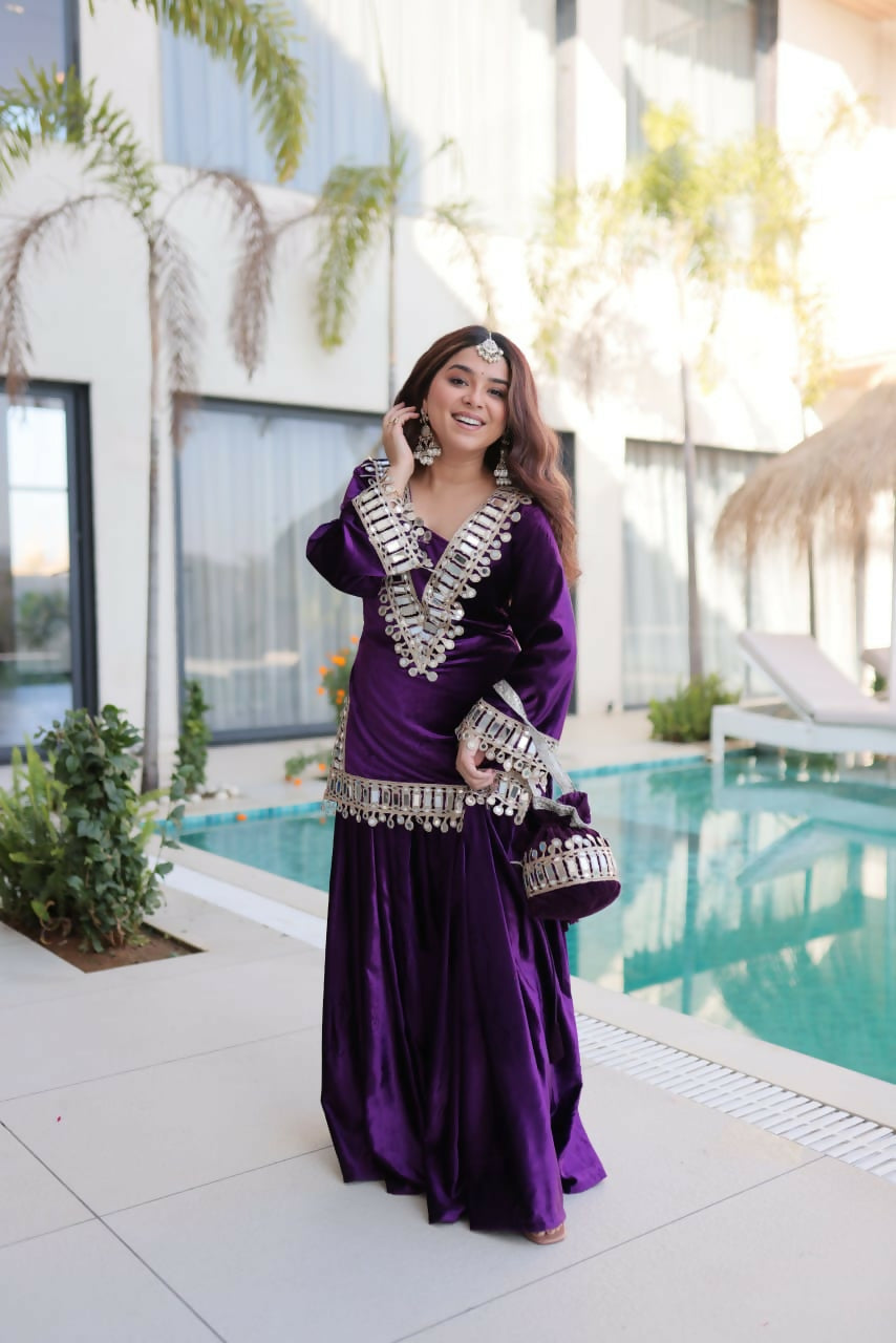 Joban Fashion Purple Velvet Embroidery Sequence Work Readymade Kurta Set | Grocsy