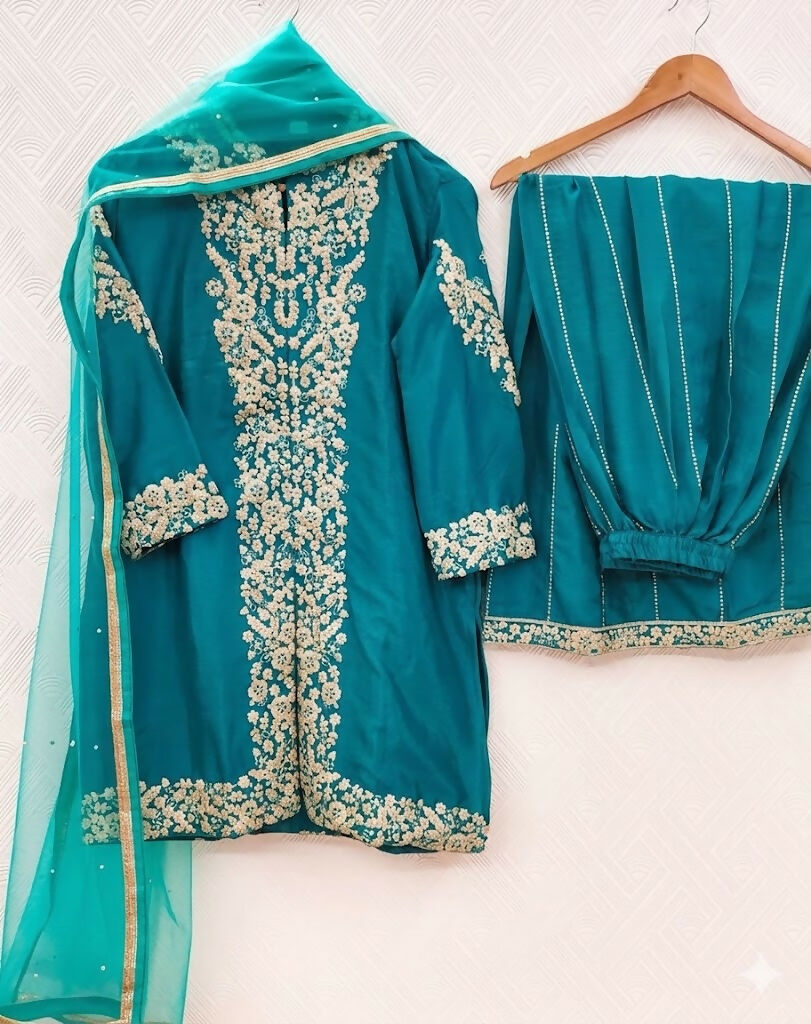 Teeya Creation Womens New Trendy Silk With Heavy Embroiedery With Sequence Work Teal Kurta Set | Grocsy