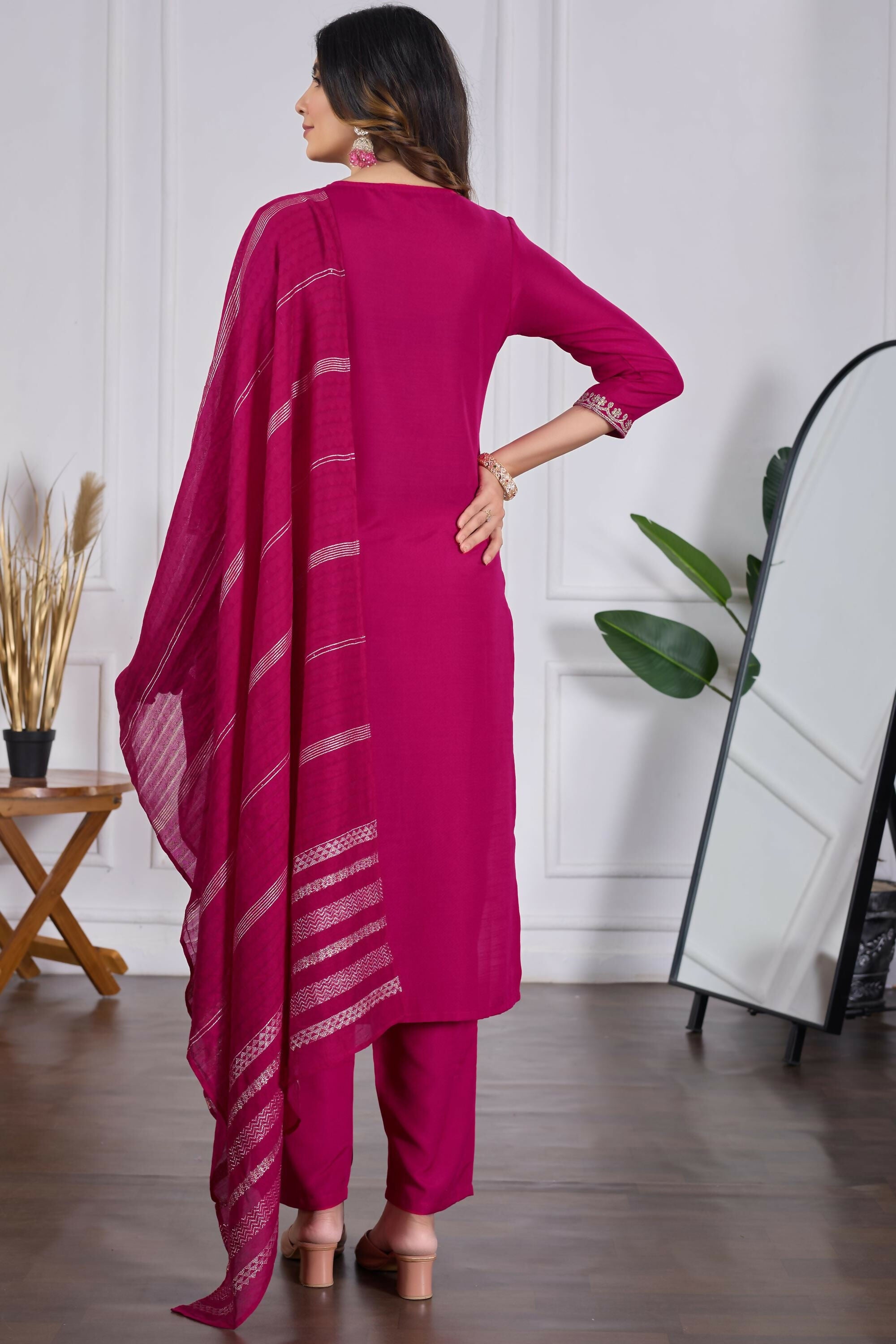 The52 Pink Women's Beautiful Embroidered Rayon Slub Fabric with Straight Kurta, Pant and Dupatta Set | Grocsy