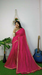 Exclusive Collection Beautiful Khadi Cotton Handloom Saree With Beautiful Zari Border - Pink | Grocsy