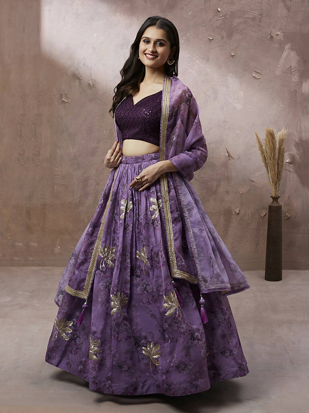 House of Panchhi Lavender Organza Floral Printed Lehenga choli & Dupatta | Grocsy