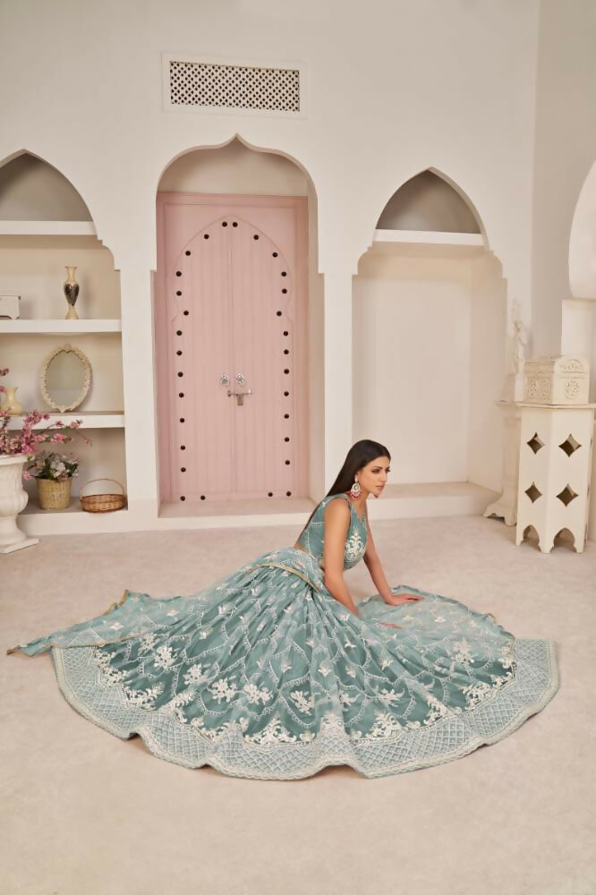 Aastha Fashion Ocean Blue Butterfly Net White Cotton Thread Work, Zari Work And Sandwich Sequence Work Embroidery Wedding Wear Lehenga Choli | Grocsy
