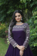 Jyoti Fashion Women's Purple Sequins Zari Embroidered Faux Georgette Anarkali Dress | Grocsy