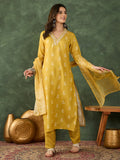 The52 Women's Gorgeous Rayon Fabric Printed Work Straight Kurta Pant and Dupatta Set-Yellow | Grocsy