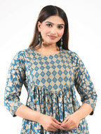 Aramya Blue Soft Cotton Gold foil A-line Kurta for Women | Grocsy