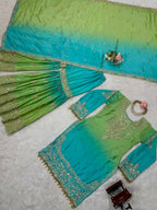 The52 Women's Beautiful Chinon silk Fabric Embroidery Work Straight Kurta Palazzo and Dupatta Set | Grocsy