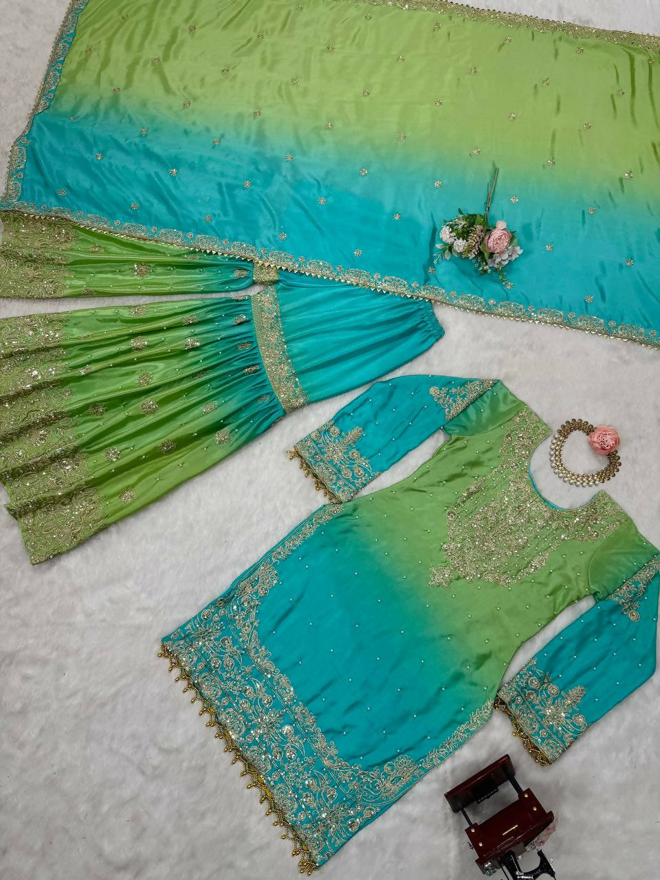 The52 Women's Beautiful Chinon silk Fabric Embroidery Work Straight Kurta Palazzo and Dupatta Set | Grocsy