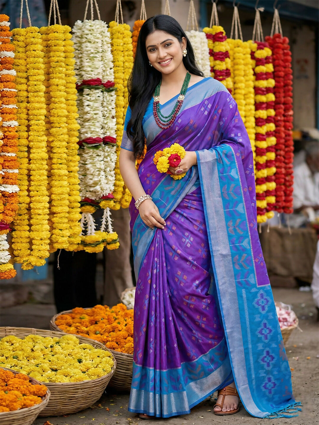 Shree Shyam Fashion Violet Pochampally Silk Saree | Grocsy
