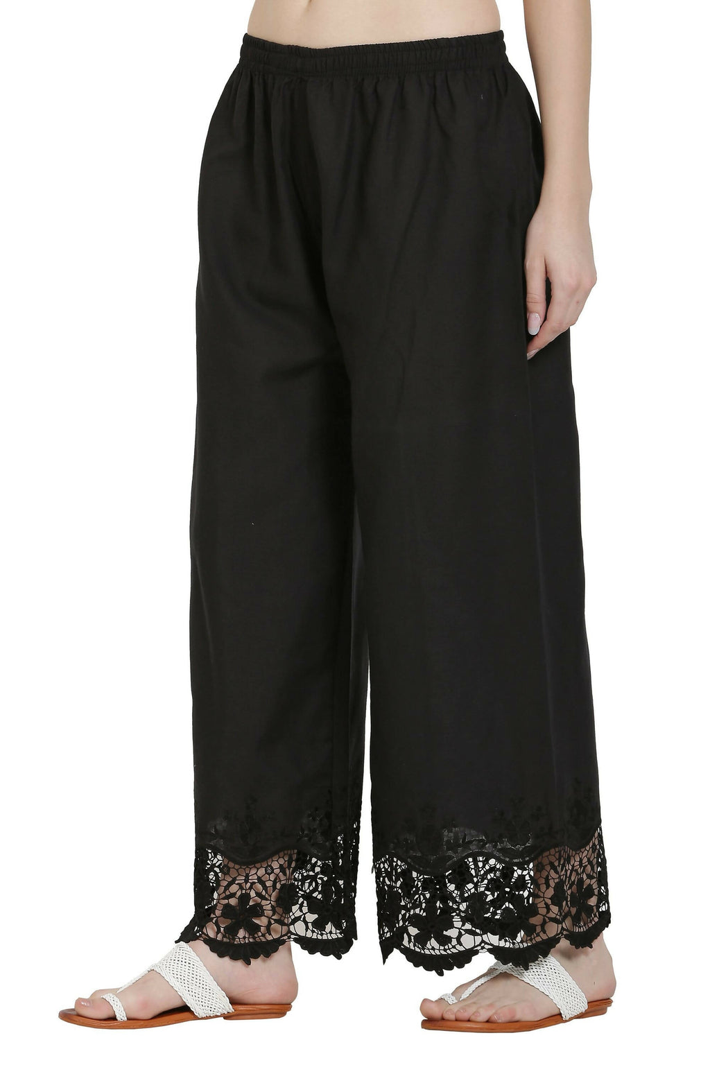 PAVONINE Black Color Chikankari Lace Scalloped Hem Cotton Fabric Sharara | Grocsy