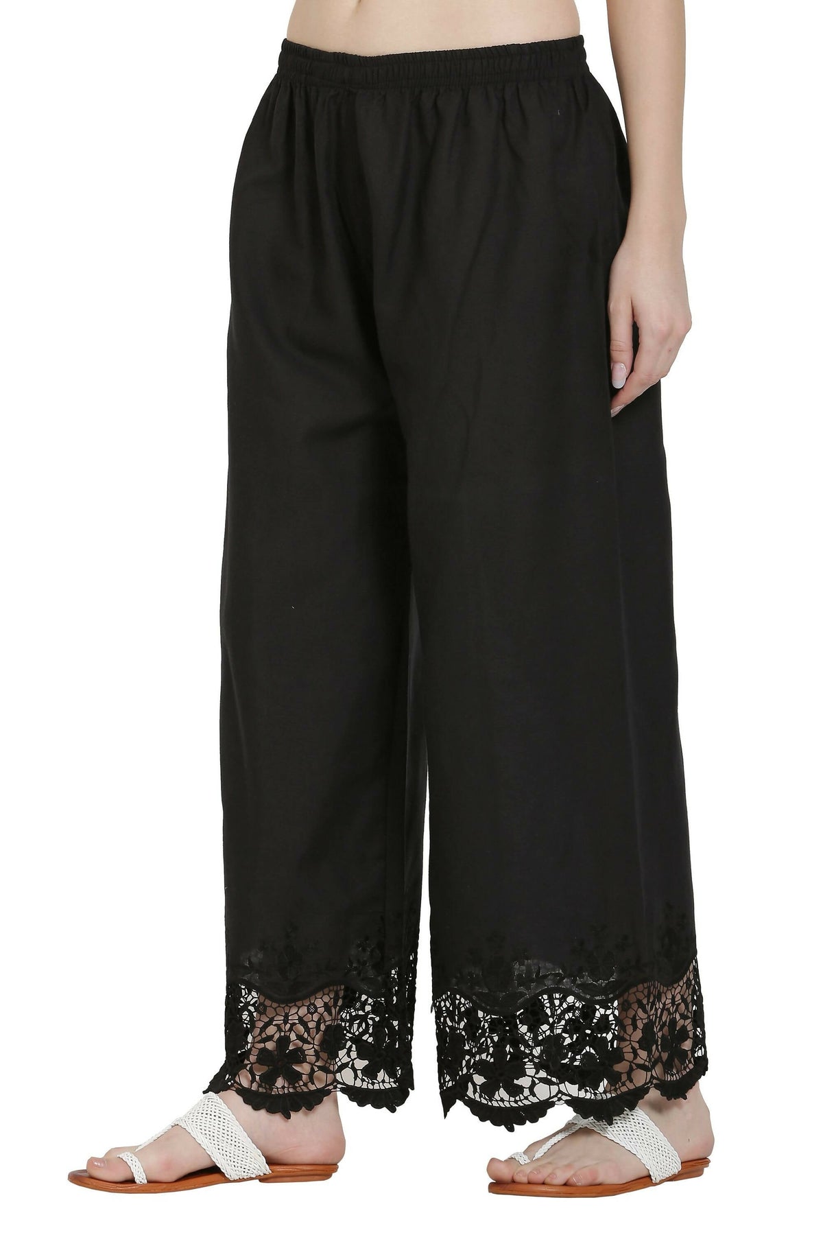 PAVONINE Black Color Chikankari Lace Scalloped Hem Cotton Fabric Sharara | Grocsy