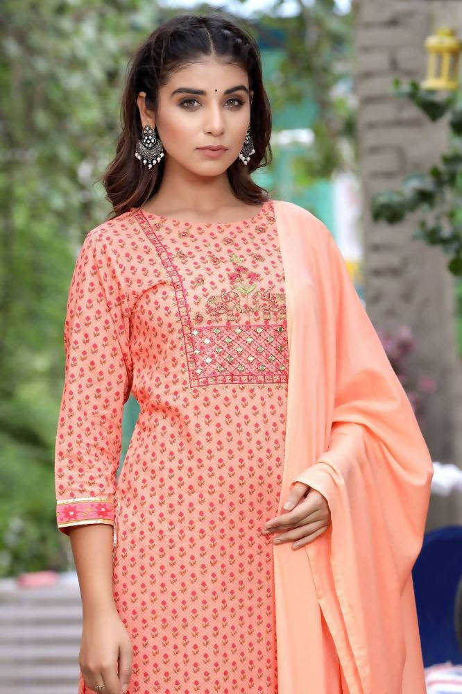Yufta Women Peach Floral Mirror Work Pure Cotton Kurta with Trouser and Dupatta | Grocsy