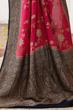 Joban Fashion Fuchsia Crepe Chiffon Pure Handloom Banarasi Silk Saree | Grocsy