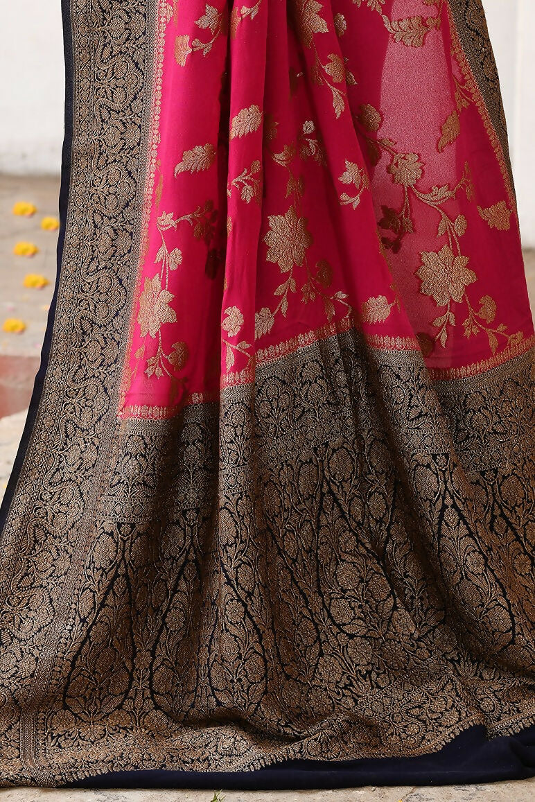 Joban Fashion Fuchsia Crepe Chiffon Pure Handloom Banarasi Silk Saree | Grocsy