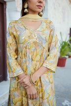 Vaasva Women Yellow Muslin Embroidered Kurta, Pant & Dupatta Set | Grocsy