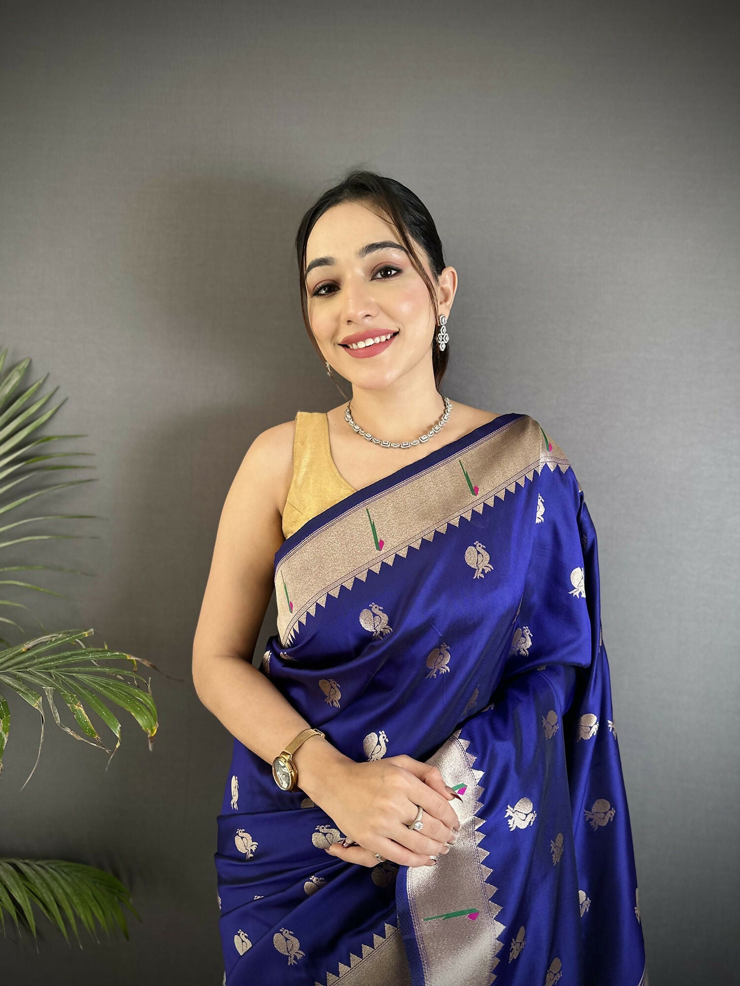 Joban Fashion Royal Blue Peacock & Floral Motifs Soft Silk Kanchipuram Saree | Grocsy