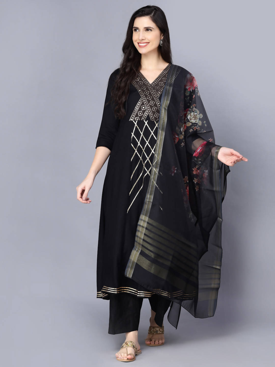 Myshka Women Black Printed Kurta with Dupatta | Grocsy