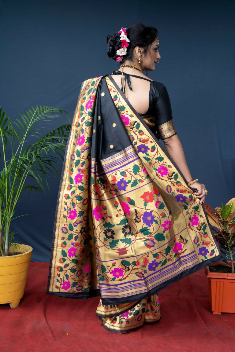 Jyoti Fashion Women's Black Paithani Silk Zari Woven Saree with Blouse | Grocsy