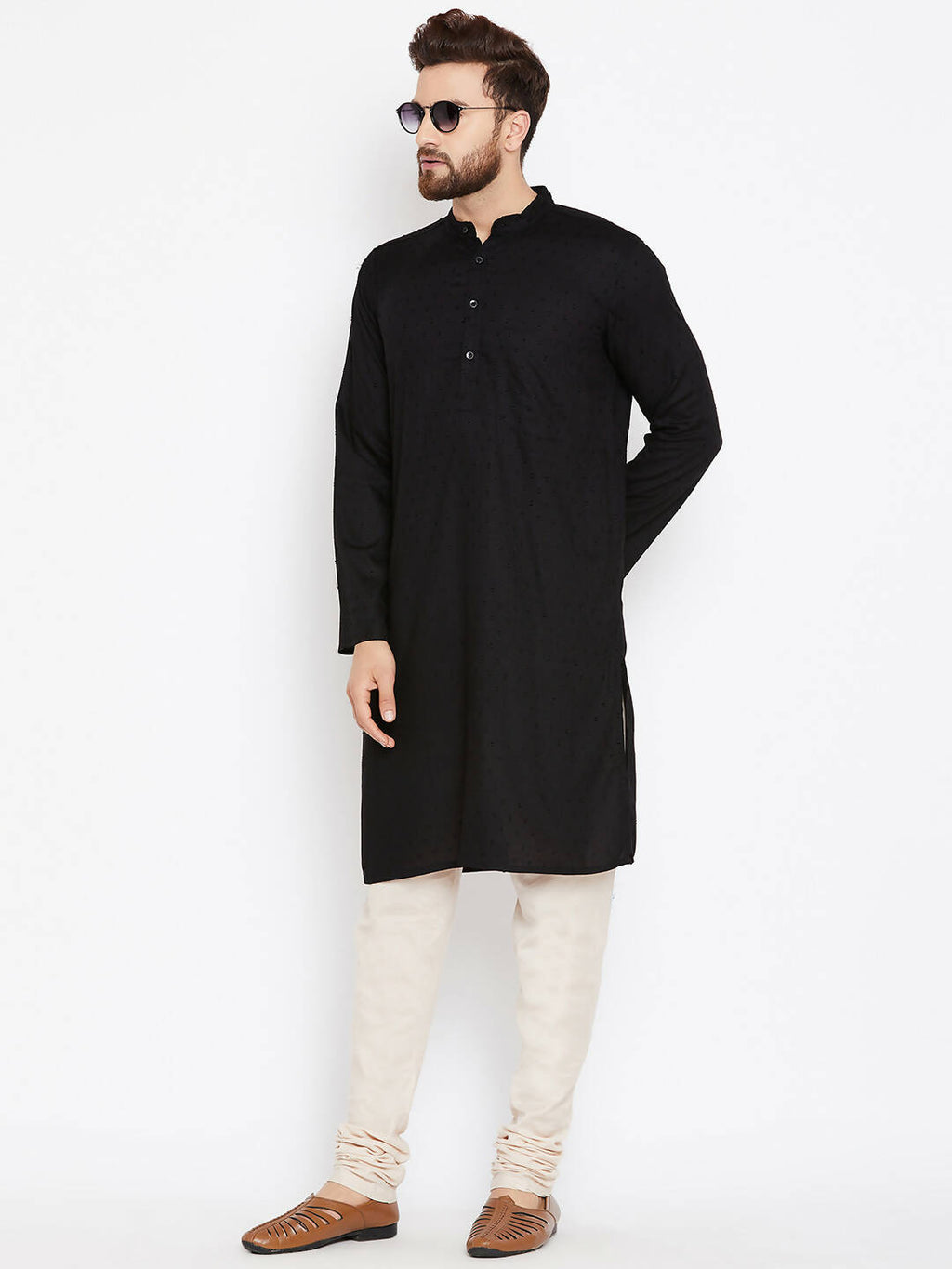 Even Apparels Black Pure Cotton Band Collar Men's Kurta | Grocsy
