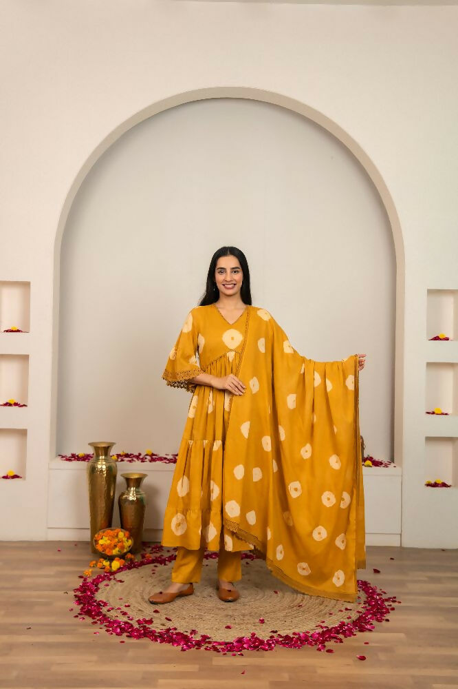 Joban Fashion Musard Yellow Tie & Dye Cotton Suit Set | Grocsy