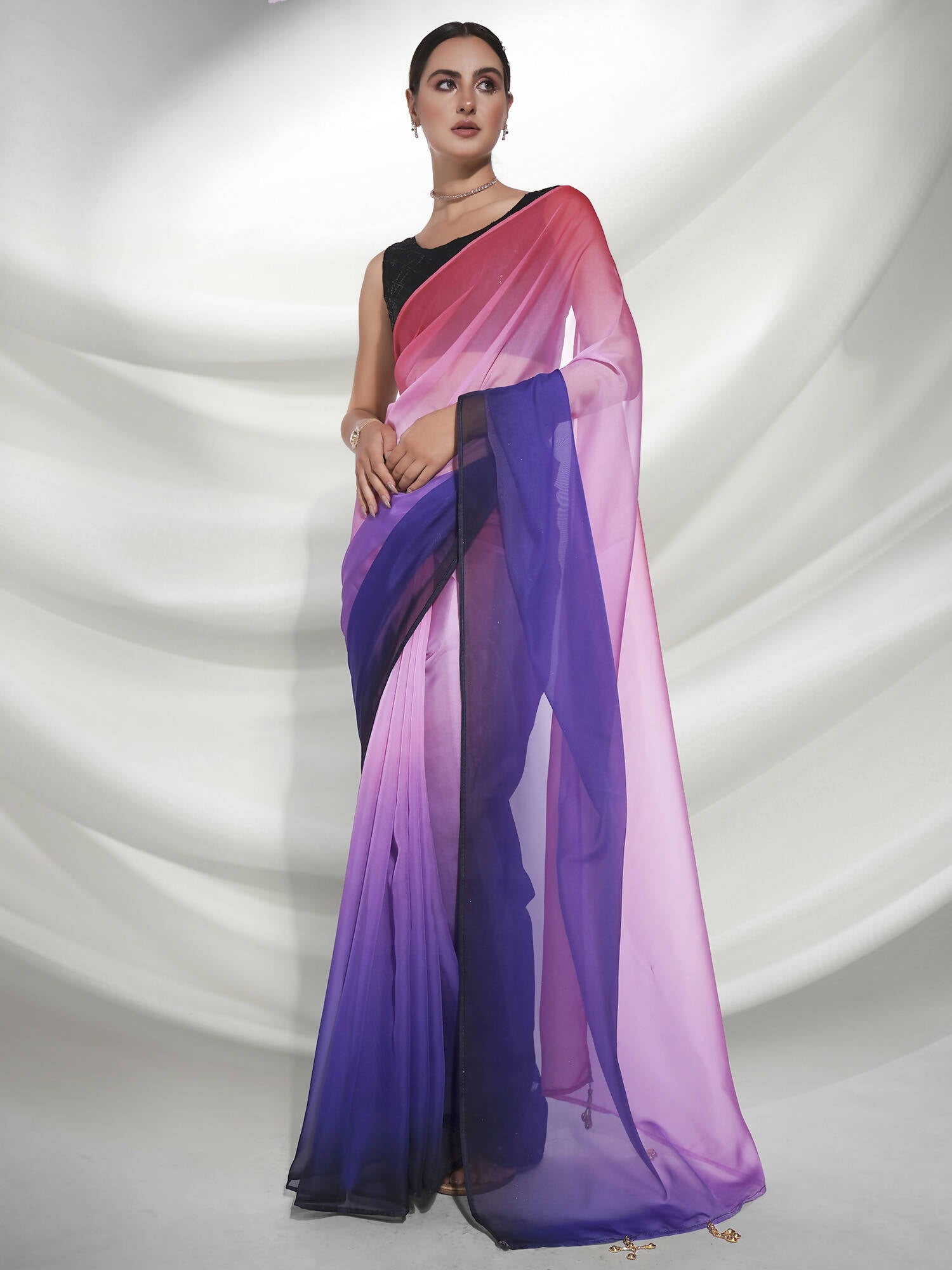 Purple Organza Solid Saree With Unstitched Blouse Piece - Shanaya | Grocsy