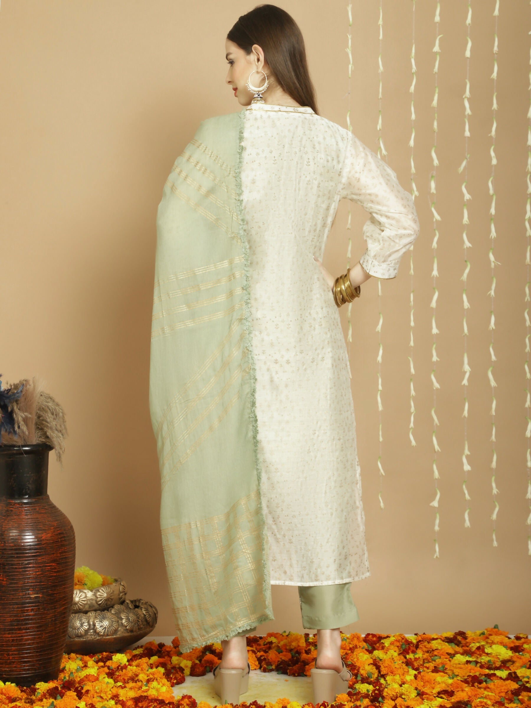 Jyoti Fashion Women's Off White Chanderi Silk Elegant Jardoshi Kurta with Trouser & Dupatta | Grocsy