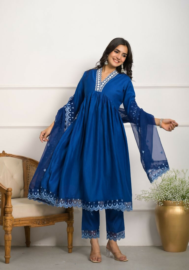 Festive Wear Ethnic Blue Silk wih cotton inner Stitched Suit With Dupatta - Tanisha | Grocsy