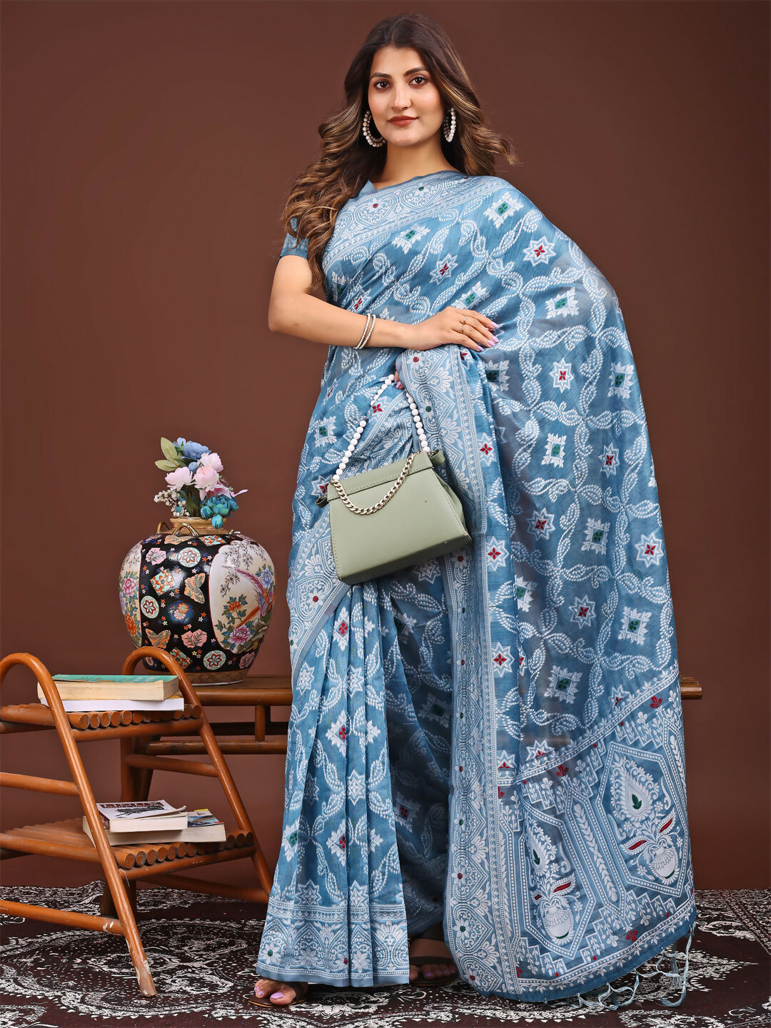Shree Shyam Fashion Pankhuri Sky Blue Linen Cotton Saree | Grocsy