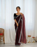 Attrctive Looking Gold Jari, Sequance Embroidery Work Twill Net Party Wear Saree - Coffee | Grocsy