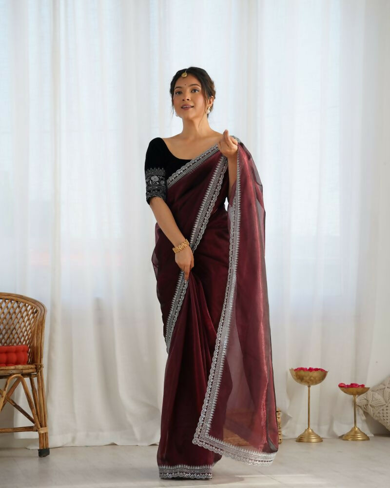 Attrctive Looking Gold Jari, Sequance Embroidery Work Twill Net Party Wear Saree - Coffee | Grocsy