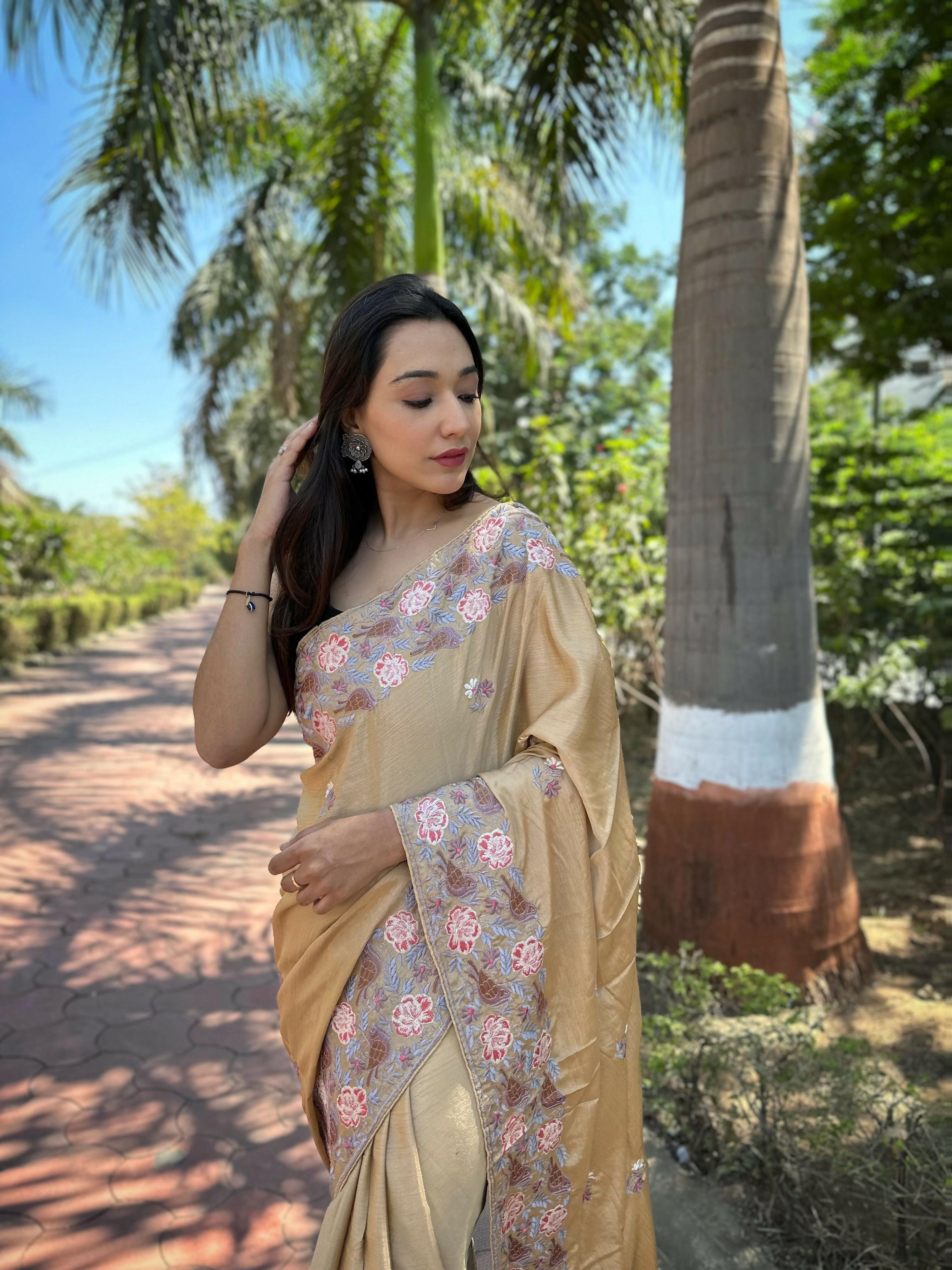 Vamsee Chinon Panchi Cream Shimmer Saree | Grocsy