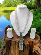 Inhanns Day-To-Dinner Tie Shaped Oxidized Black Metal Multi-Layered Long Only Necklace - White | Grocsy