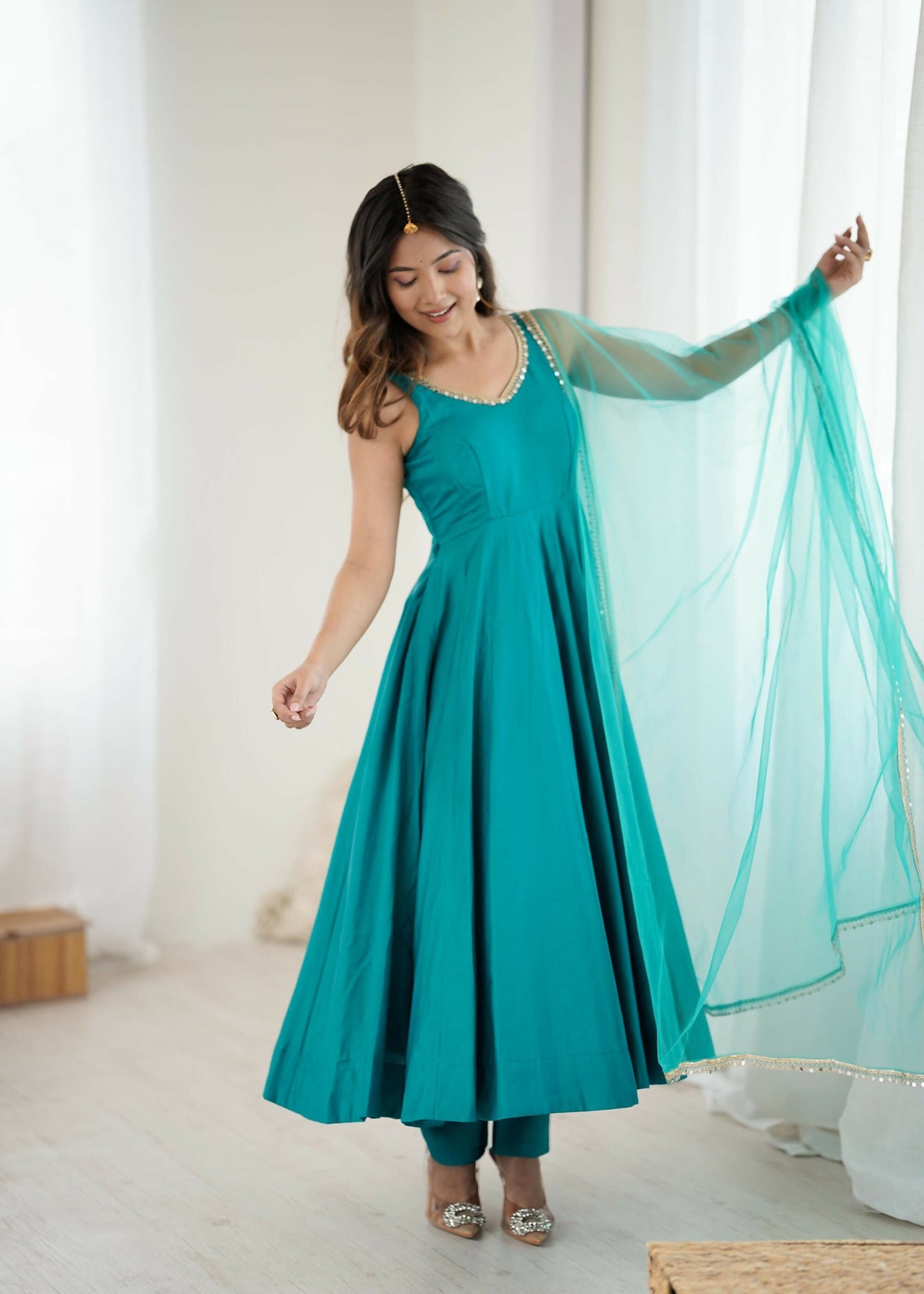 The52 Women's Beautiful Roman Silk Chanderi Fabric Flared Anarkali Pant and Dupatta Set | Grocsy