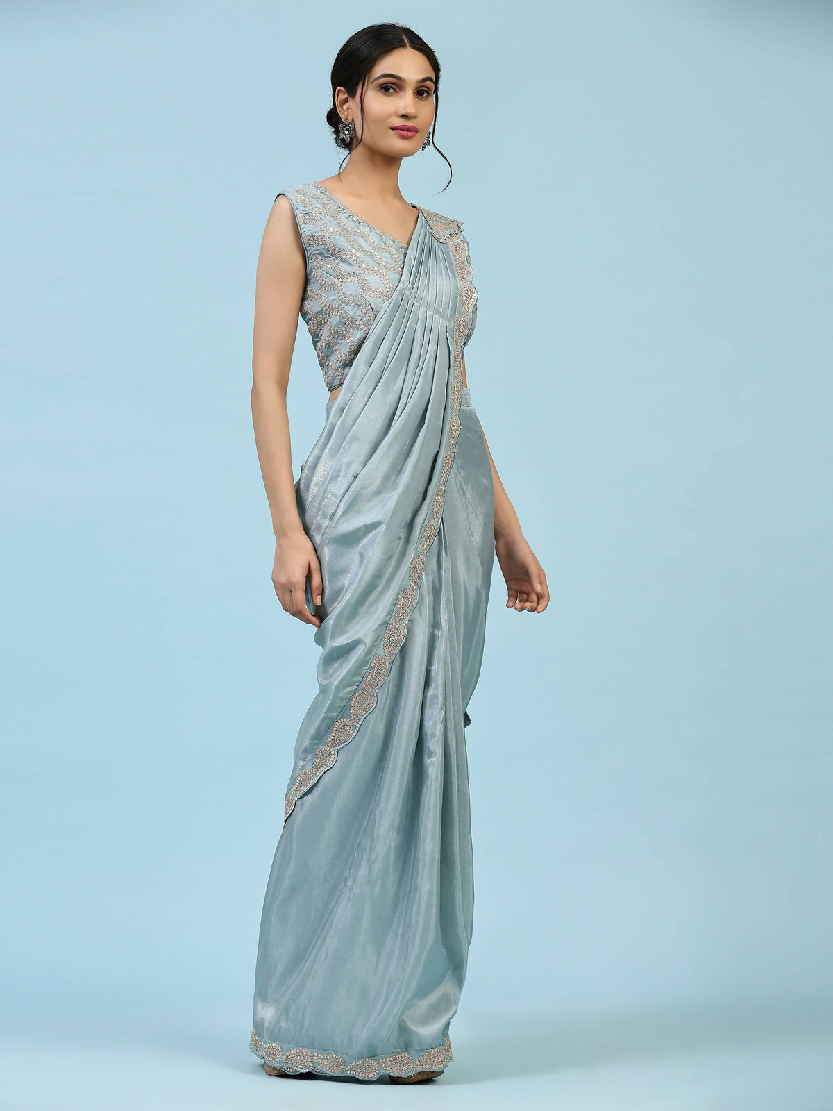 Sky Blue Silk Satin Plain Ready to wear Saree with stitched Blouse - Vrinda | Grocsy