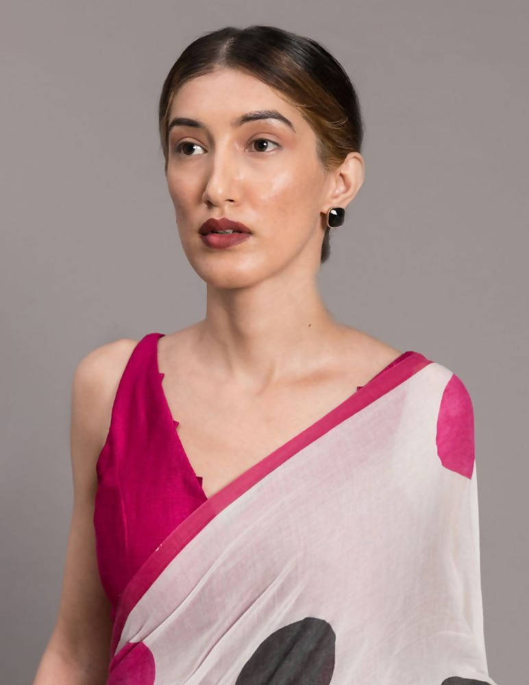 Suta White Pink Polka Dot Printed Pure Cotton Saree | Grocsy