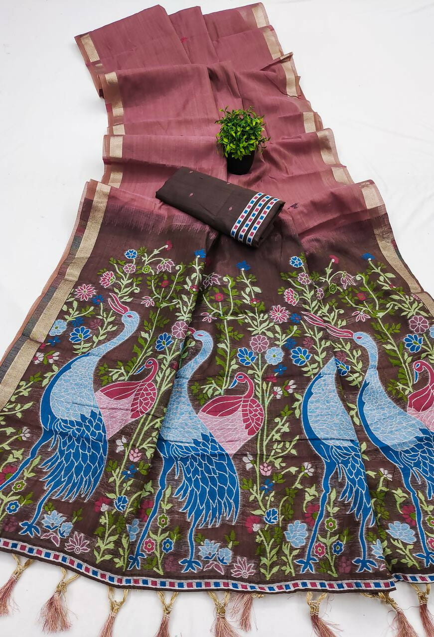 Vastranavya Mauve Muga Cotton Meenakari & Azarakh Pallu Saree with Contrast Blouse | Grocsy