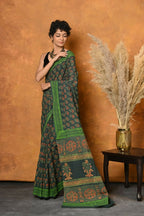Very Much Indian Handblock Printed Cotton Saree With Natural Dyes - Green | Grocsy
