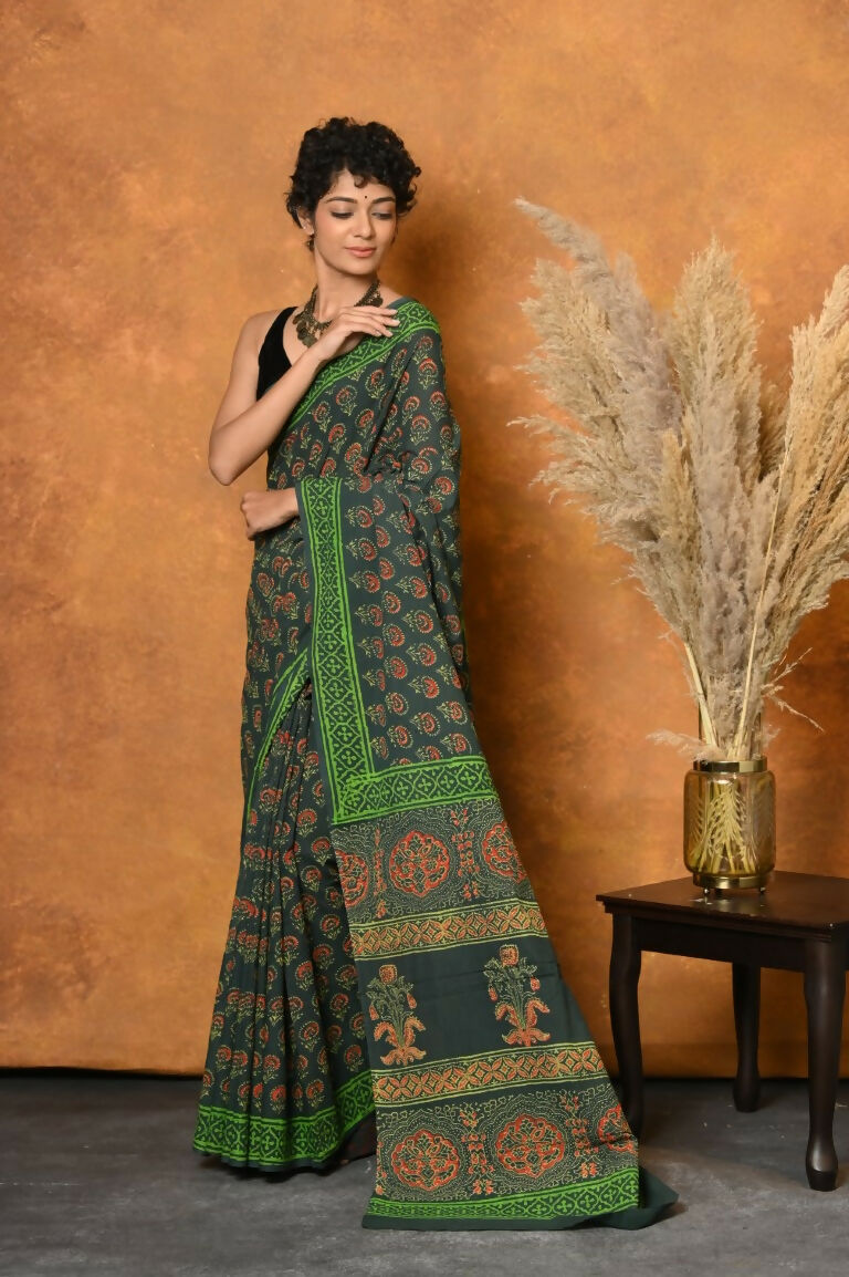 Very Much Indian Handblock Printed Cotton Saree With Natural Dyes - Green | Grocsy