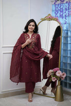 The52 Women's Beautiful Rayon Slub Fabric Thread Work Straight Kurta Pant and Dupatta Set | Grocsy