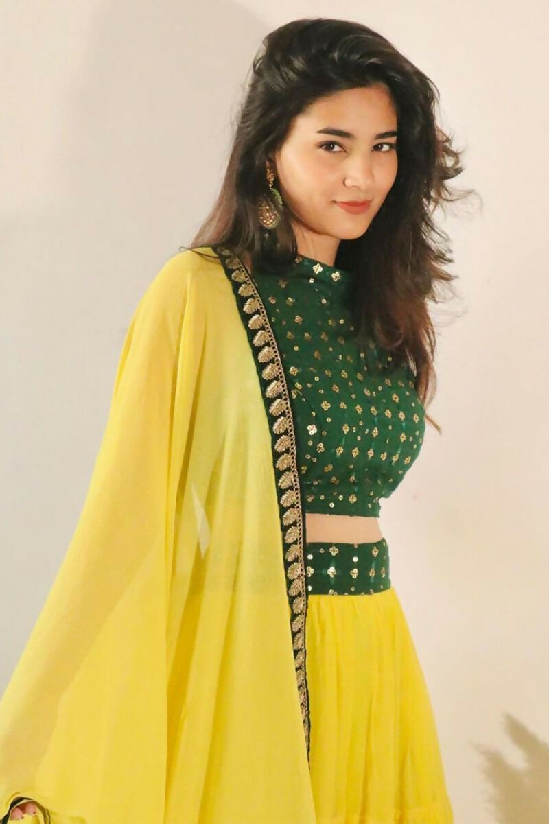 Jyoti Fashion Yellow Three Lair Frill Georgette Lehenga Choli with Dupatta | Grocsy