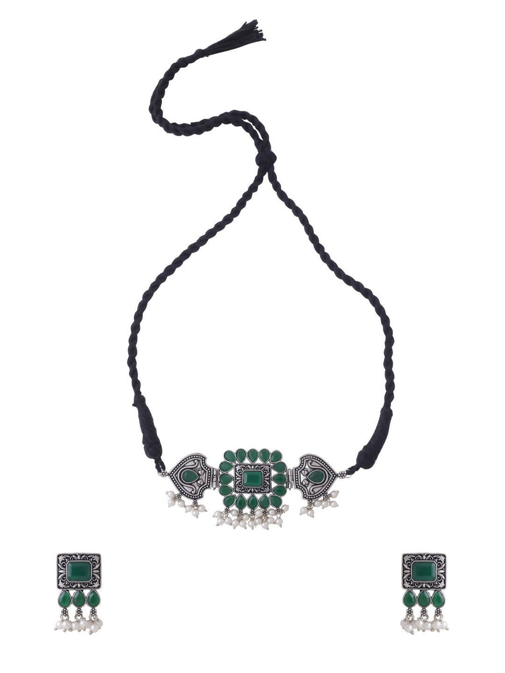 NVR Women's Oxidised Silver Plated Green Color Stone Jewellery Set With Earrings | Grocsy