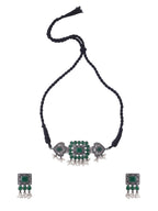 NVR Women's Oxidised Silver Plated Green Color Stone Jewellery Set With Earrings | Grocsy