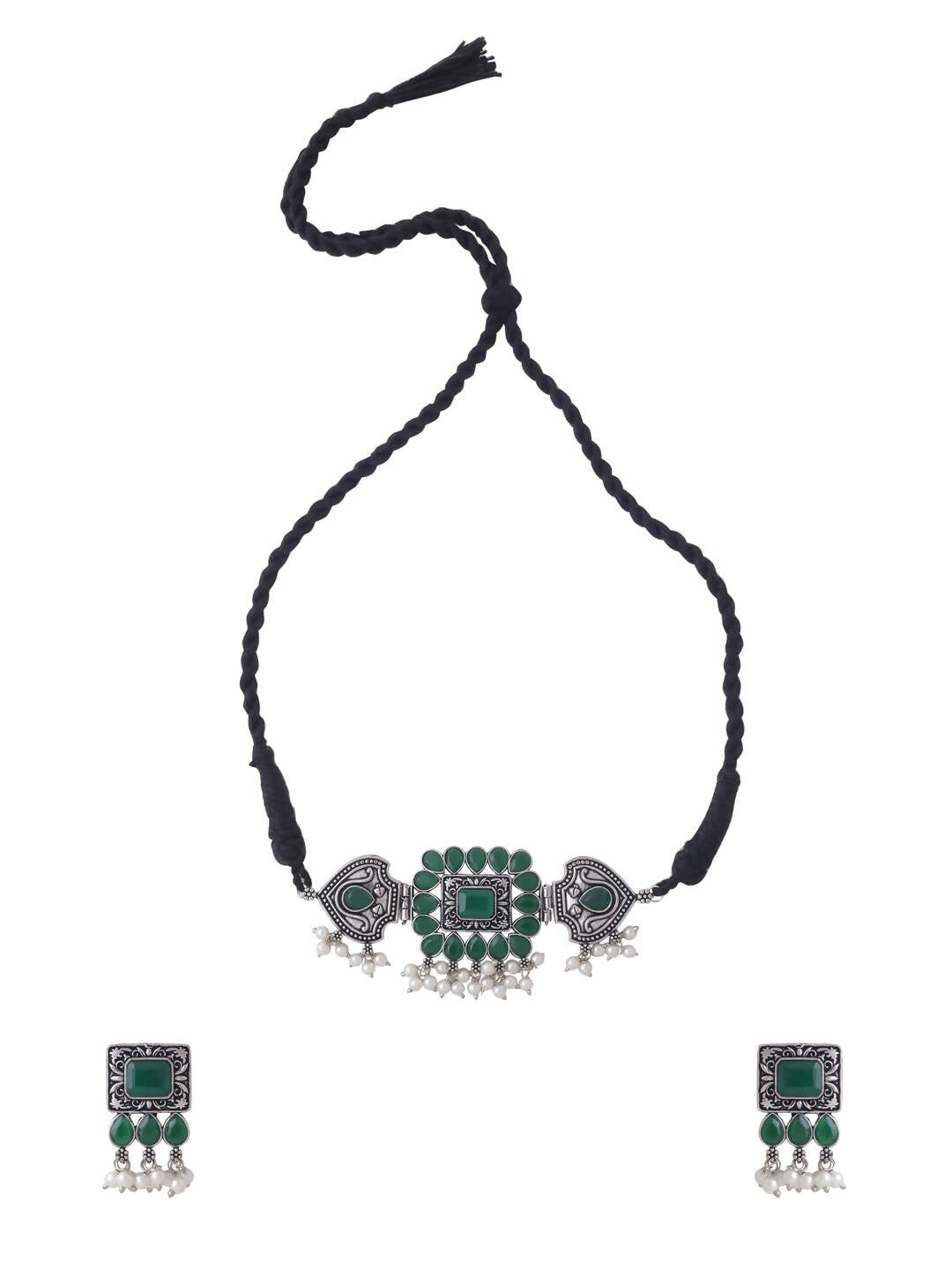 NVR Women's Oxidised Silver Plated Green Color Stone Jewellery Set With Earrings | Grocsy