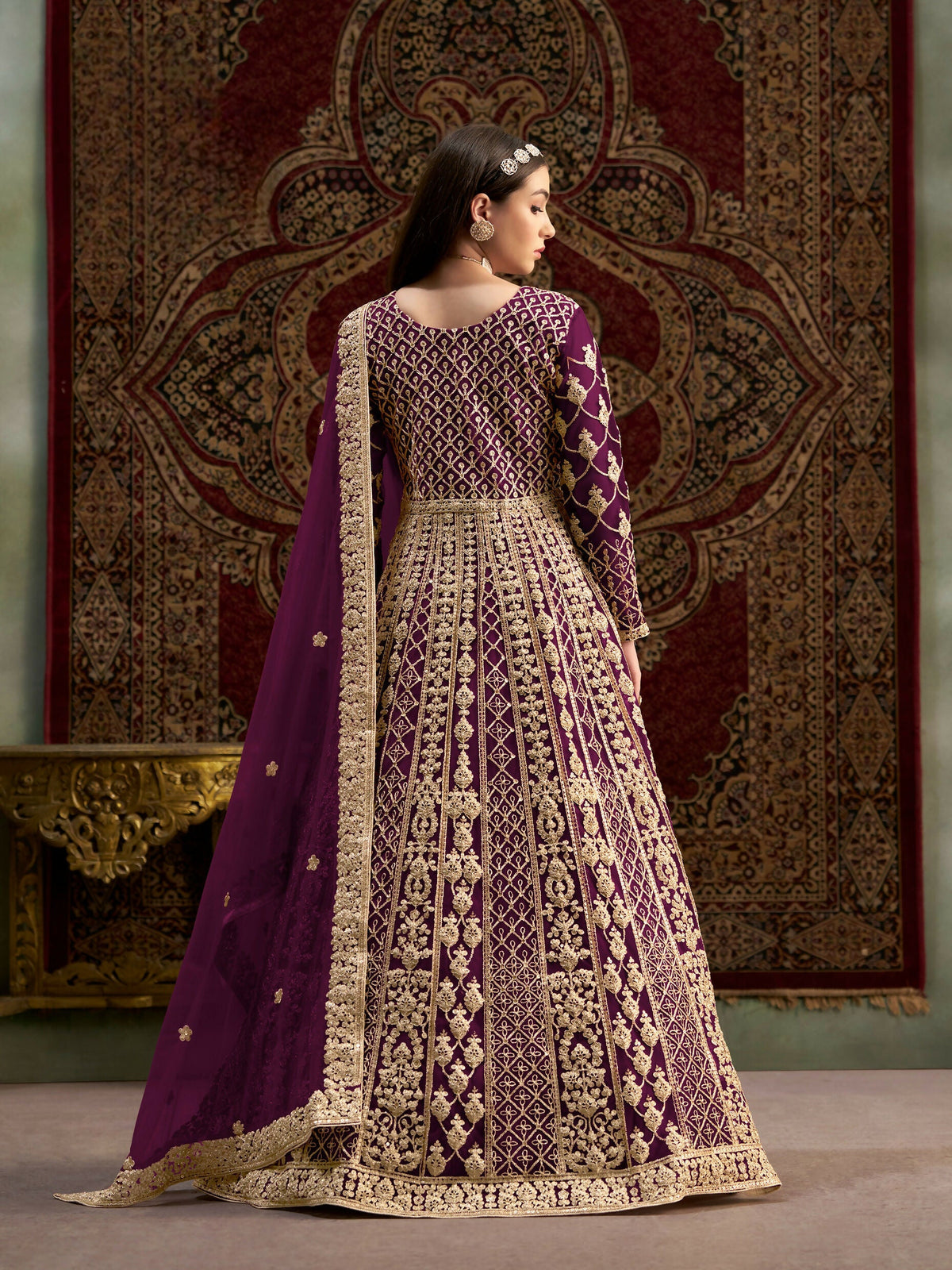Anaita Purple Embroidered Net Stitched Anarkali Suit | Grocsy